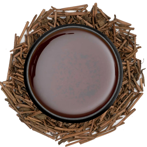 A cup of amber kuki hojicha seen from above, ringed by roasted tea stems on a white background