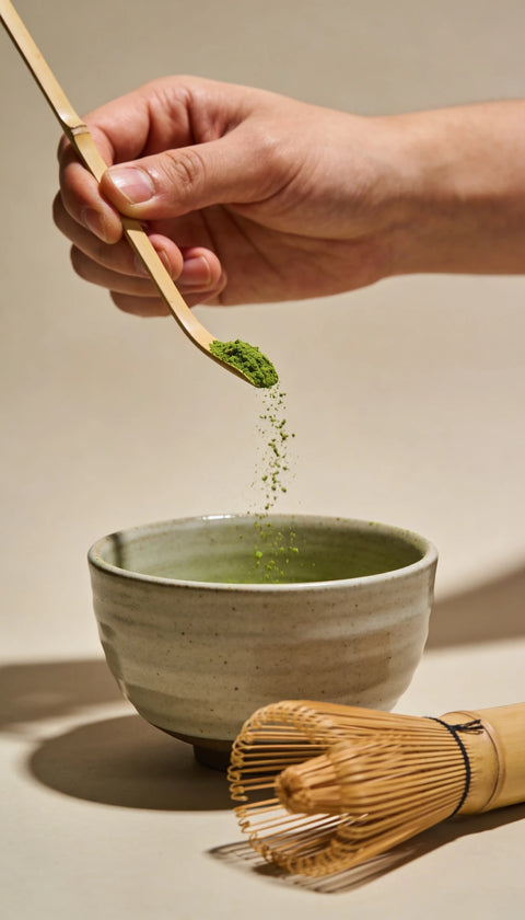 A hand holds a bamboo scoop pouring green matcha powder into a ceramic bowl, with a bamboo whisk resting nearby on a warm beige surface.