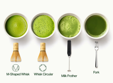 Four white cups of green matcha tea with different foam textures and textures below them, showing four types of whisk tools: a M-Depth whisk, a Whip Circles whisk, a Milk Froster, and a fork.