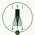 A dark green line icon showing a whisk or brush-like tool with arrows indicating upward and downward motion, inside a circular outline with a green X at the bottom, on a light gray background.