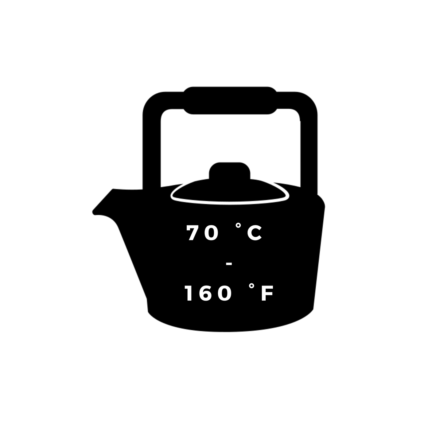 icon of a teapot with temperature brewing instruction in degree for 70 degree celsius and 160 degree fahrenheit